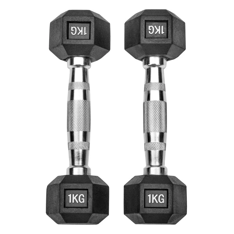 Gummierte Hexagon Hanteln mit verchromten Griffen