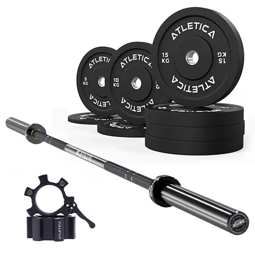 Langhantel Set Delta | Bumper Plates Schwarz 90kg | Aluminium Hantelverschlüsse
