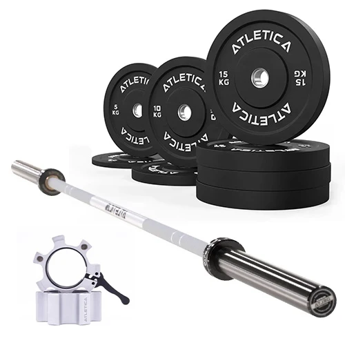 Langhantel Set Delta White | Bumper Plates Schwarz 90kg | Aluminium Hantelverschlüsse