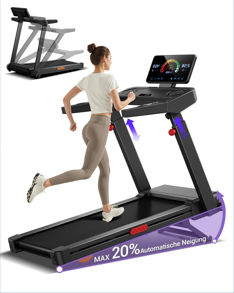 LONTEK Laufband 14 KM/H mit 20% automatischer Steigung, 4-fach verstellbare Konsole, 3.5 HP Motor, LED-Display, bis 180 kg