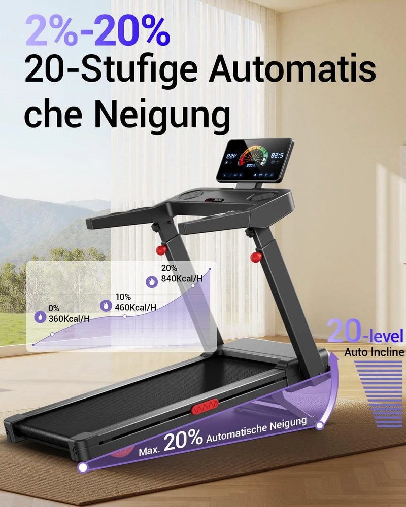 LONTEK Laufband 14 KM/H mit 20% automatischer Steigung, 4-fach verstellbare Konsole, 3.5 HP Motor, LED-Display, bis 180 kg