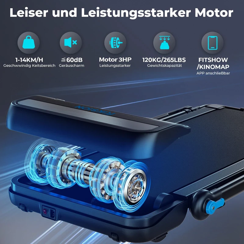 Riksion Laufband klappbar mit Schreibtisch, Steigung einstellbar, bis 14 km/h, LED-Anzeige, App & Fernbedienung