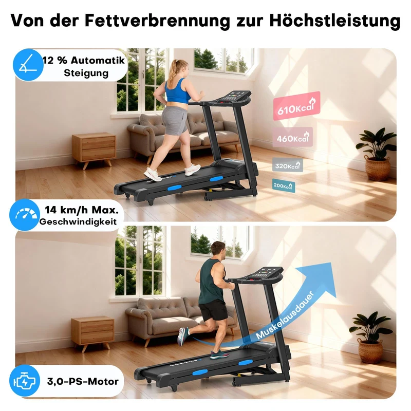 Laufband mit automatischer Neigung 1-15%, klappbar, 14 km/h, 160 kg Belastbarkeit, App-kompatibel