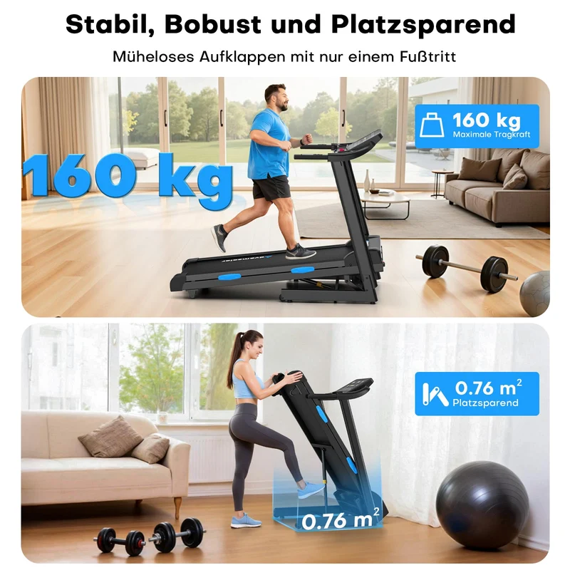Laufband mit automatischer Neigung 1-15%, klappbar, 14 km/h, 160 kg Belastbarkeit, App-kompatibel