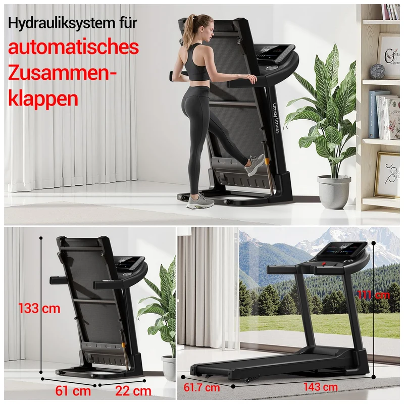 UMAY Laufband klappbar mit Steigung 3 Stufen, 3,0 PS Motor, 14 km/h, leise, App-Steuerung, 12 Programme