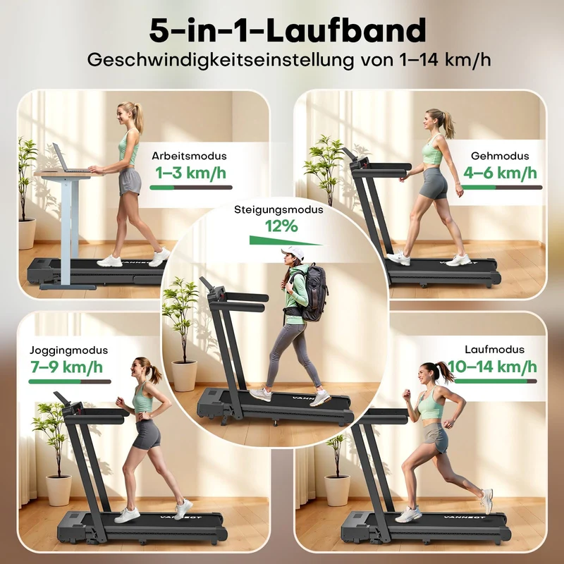 Laufband für Zuhause klappbar mit 12% Steigung, Walking Pad 1-14 km/h, App-Steuerung, 3,0 HP Motor