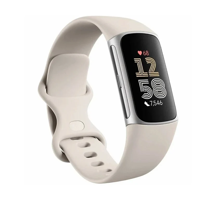 Fitbit Charge 6 Fitness-Tracker mit Edelstahlgehäuse und Silikonarmband Beige.