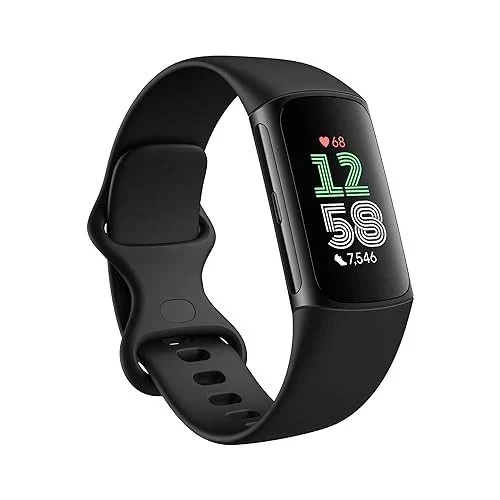 Fitbit Charge 6 Fitness-Tracker mit Edelstahlgehäuse und Silikonarmband Schwarz.