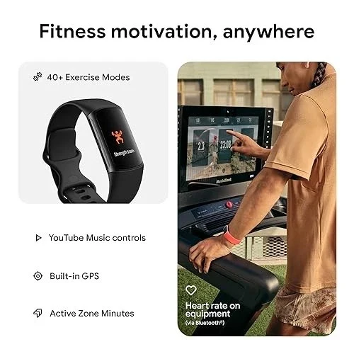 Fitbit Charge 6 Fitness-Tracker mit Edelstahlgehäuse und Silikonarmband Schwarz.