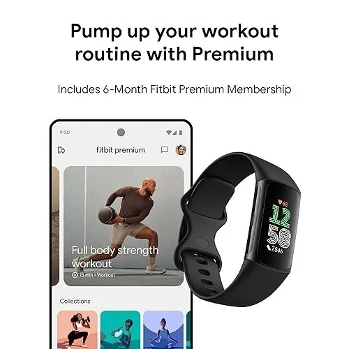 Fitbit Charge 6 Fitness-Tracker mit Edelstahlgehäuse und Silikonarmband Schwarz.