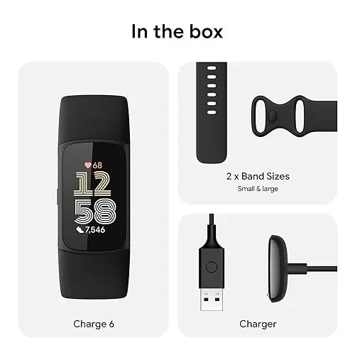 Fitbit Charge 6 Fitness-Tracker mit Edelstahlgehäuse und Silikonarmband Schwarz.