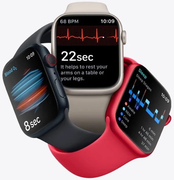 Apple Watch Series 8 GPS 45 mm mit Aluminiumgehäuse und hellem Retina Display.