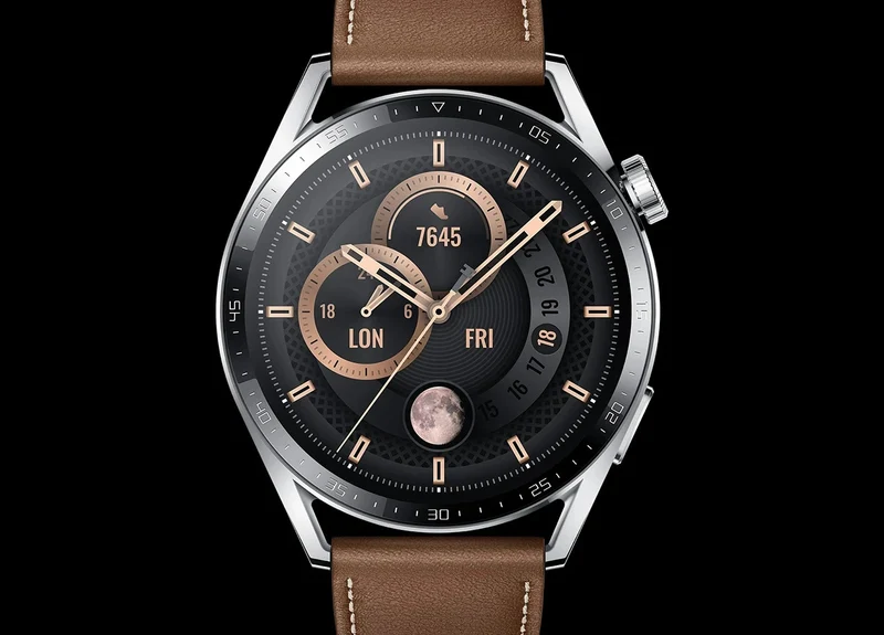 Huawei Watch GT3, 46mm, Edelstahl, Lederarmband, Silber, elegante Smartwatch