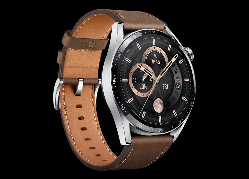 Huawei Watch GT3, 46mm, Edelstahl, Lederarmband, Silber, elegante Smartwatch