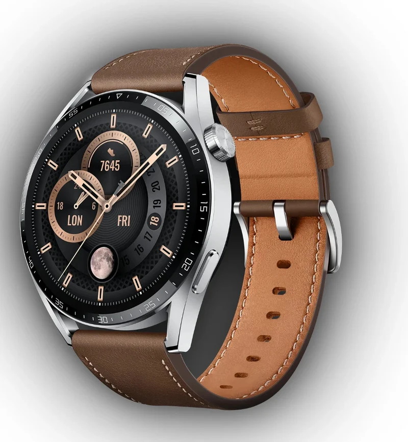 Huawei Watch GT3, 46mm, Edelstahl, Lederarmband, Silber, elegante Smartwatch