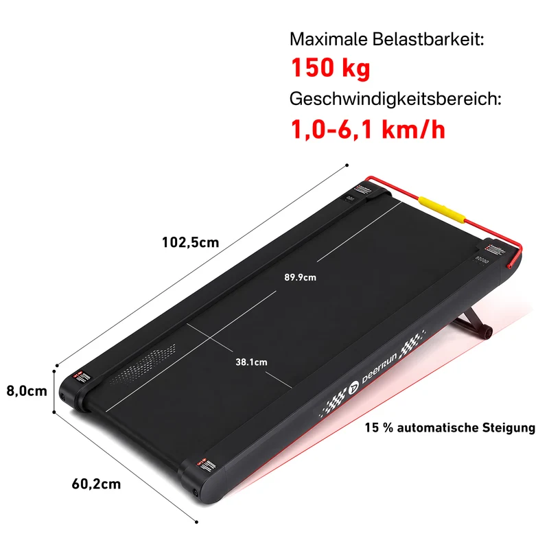 DeerRun Sleek Rise 1 Walking Pad mit 15 % automatischer Steigung für Cardio-Training