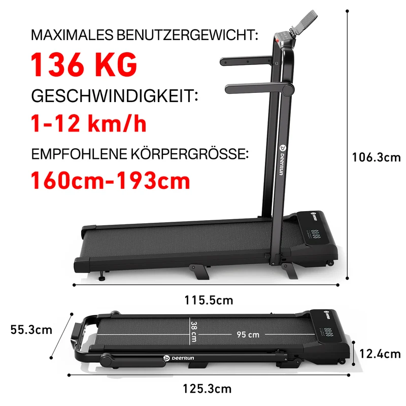 DeerRun 2026 Neues A6 plus Laufband mit Griff, 5 % Steigung, 2-in-1-Design, Schwarz