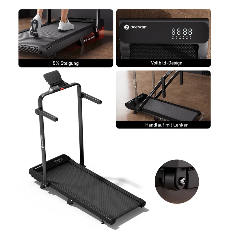 DeerRun 2026 Neues A6 plus Laufband mit Griff, 5 % Steigung, 2-in-1-Design, Schwarz