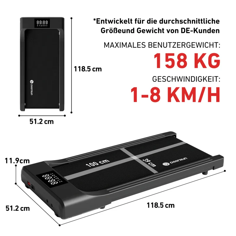 DeerRun Q1 Classic Pro Smartes Walking-Pad mit 158 kg Tragfähigkeit- 1-8 km/h