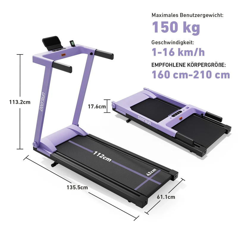 DeerRun A1 Urban – Klappbares Laufband mit 150 kg Tragfähigkeit - 1-16 km/h
