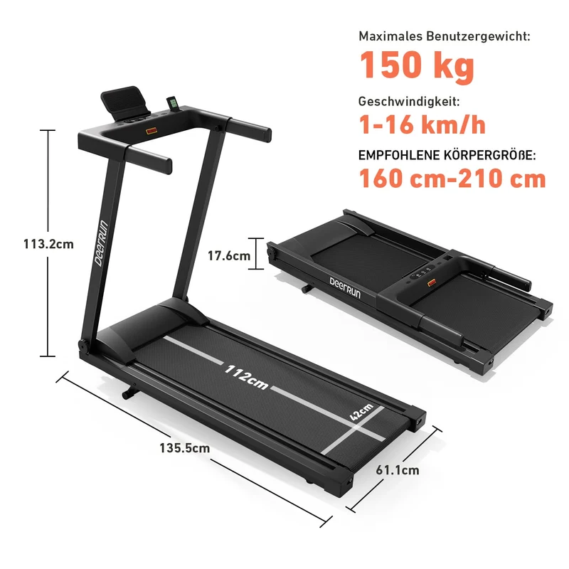 DeerRun A1 Urban – Klappbares Laufband mit 150 kg Tragfähigkeit - 1-16 km/h