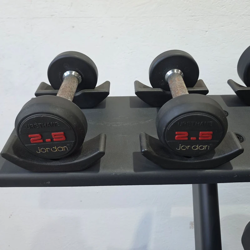 Jordan Kurzhantelsatz aus Urethane 2,5 bis 40kg in 2,5kg Stufen ( 16 Paare ) Material ähnlich Gummi bzw PU Polyurethane, INKLUSIVE Precor Kurzhantelablage, gebraucht - mit Gebrauchsspuren