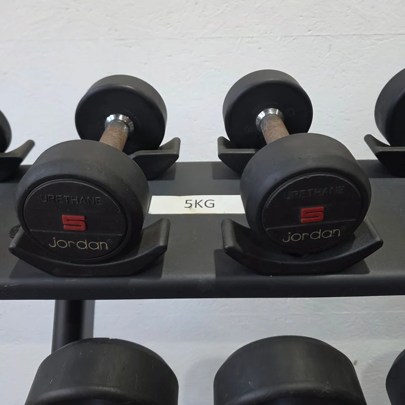 Jordan Kurzhantelsatz aus Urethane 2,5 bis 40kg in 2,5kg Stufen ( 16 Paare ) Material ähnlich Gummi bzw PU Polyurethane, INKLUSIVE Precor Kurzhantelablage, gebraucht - mit Gebrauchsspuren