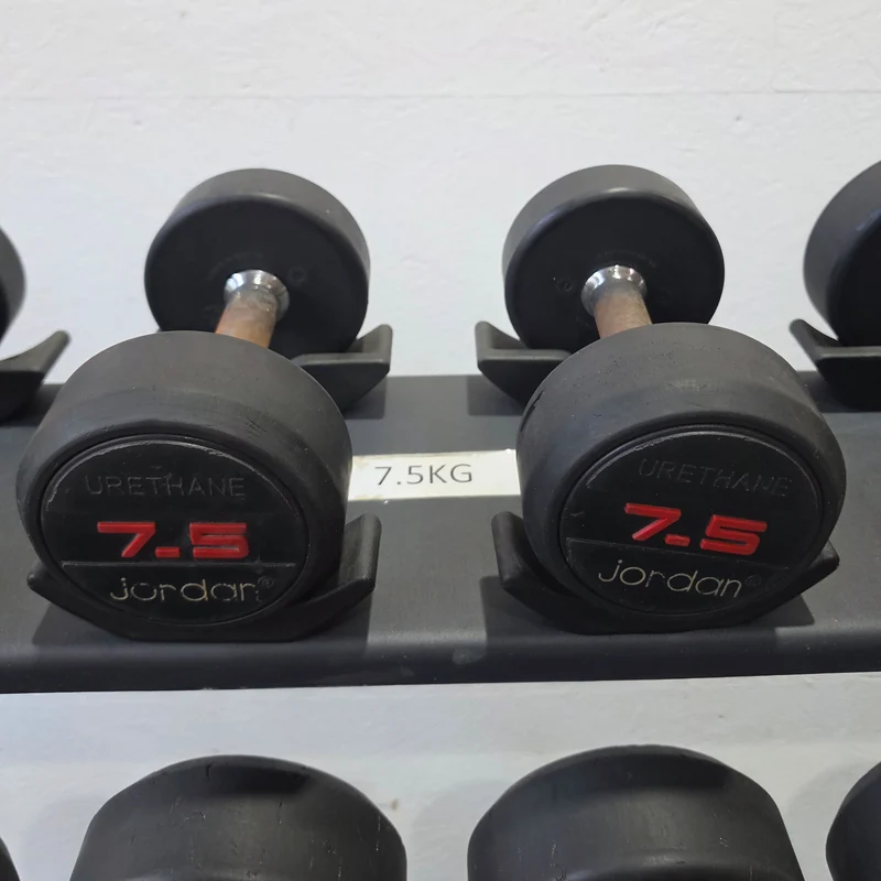 Jordan Kurzhantelsatz aus Urethane 2,5 bis 40kg in 2,5kg Stufen ( 16 Paare ) Material ähnlich Gummi bzw PU Polyurethane, INKLUSIVE Precor Kurzhantelablage, gebraucht - mit Gebrauchsspuren