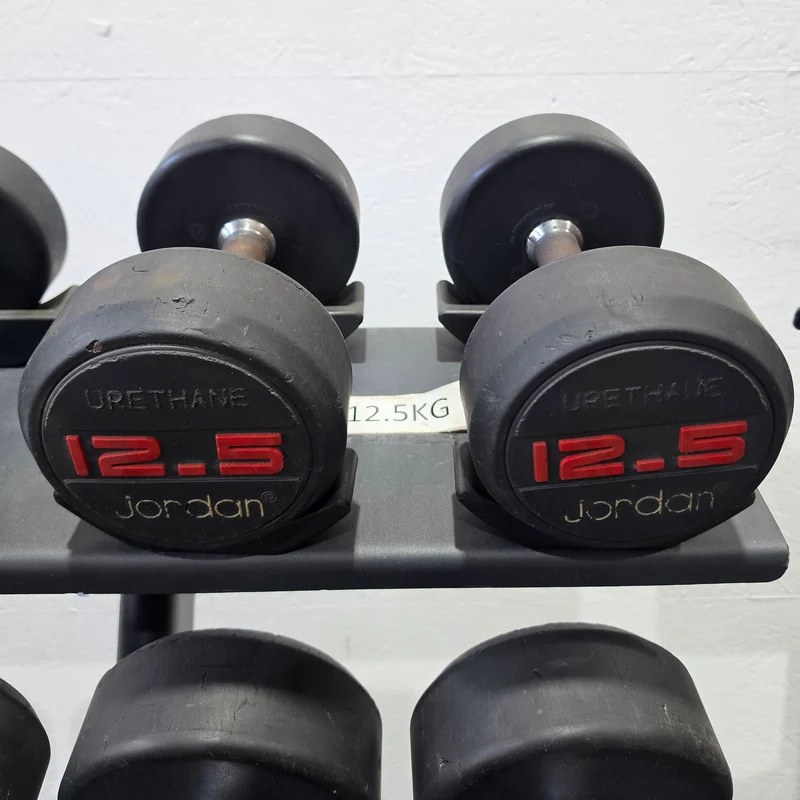 Jordan Kurzhantelsatz aus Urethane 2,5 bis 40kg in 2,5kg Stufen ( 16 Paare ) Material ähnlich Gummi bzw PU Polyurethane, INKLUSIVE Precor Kurzhantelablage, gebraucht - mit Gebrauchsspuren