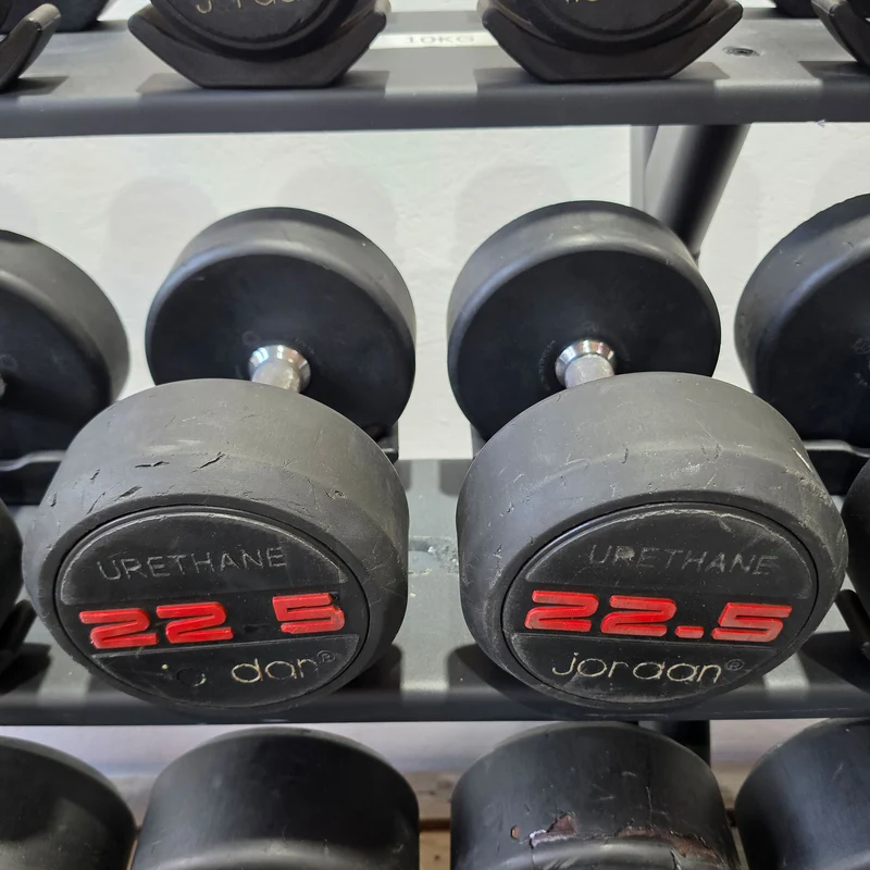 Jordan Kurzhantelsatz aus Urethane 2,5 bis 40kg in 2,5kg Stufen ( 16 Paare ) Material ähnlich Gummi bzw PU Polyurethane, INKLUSIVE Precor Kurzhantelablage, gebraucht - mit Gebrauchsspuren