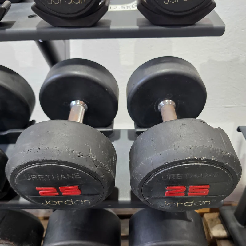 Jordan Kurzhantelsatz aus Urethane 2,5 bis 40kg in 2,5kg Stufen ( 16 Paare ) Material ähnlich Gummi bzw PU Polyurethane, INKLUSIVE Precor Kurzhantelablage, gebraucht - mit Gebrauchsspuren