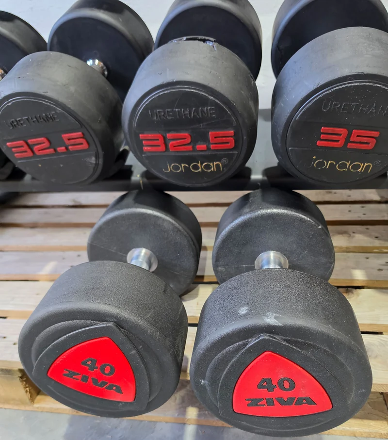 Jordan Kurzhantelsatz aus Urethane 2,5 bis 40kg in 2,5kg Stufen ( 16 Paare ) Material ähnlich Gummi bzw PU Polyurethane, INKLUSIVE Precor Kurzhantelablage, gebraucht - mit Gebrauchsspuren