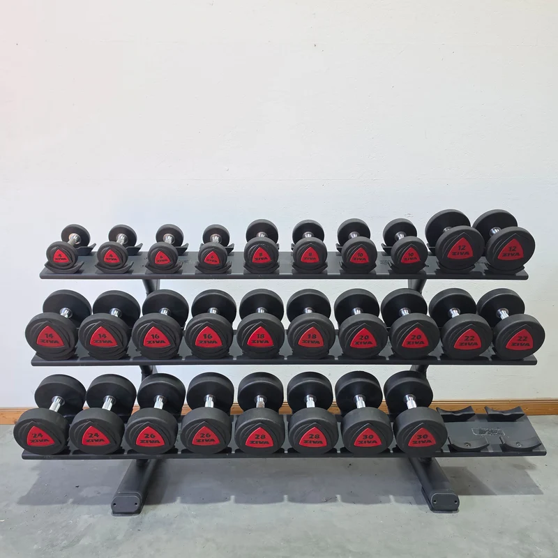 Ziva Kurzhantelsatz aus Urethane 4 bis 30kg in 2kg Stufen ( 14 Paare ) Material ähnlich Gummi bzw PU Polyurethane, INKLUSIVE Precor Kurzhantelablage, gebraucht - mit Gebrauchsspuren