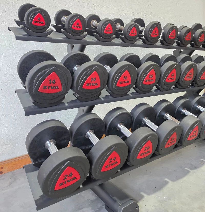 Ziva Kurzhantelsatz aus Urethane 4 bis 30kg in 2kg Stufen ( 14 Paare ) Material ähnlich Gummi bzw PU Polyurethane, INKLUSIVE Precor Kurzhantelablage, gebraucht - mit Gebrauchsspuren