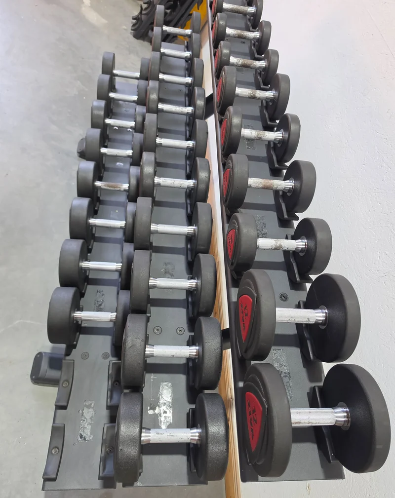Ziva Kurzhantelsatz aus Urethane 4 bis 30kg in 2kg Stufen ( 14 Paare ) Material ähnlich Gummi bzw PU Polyurethane, INKLUSIVE Precor Kurzhantelablage, gebraucht - mit Gebrauchsspuren