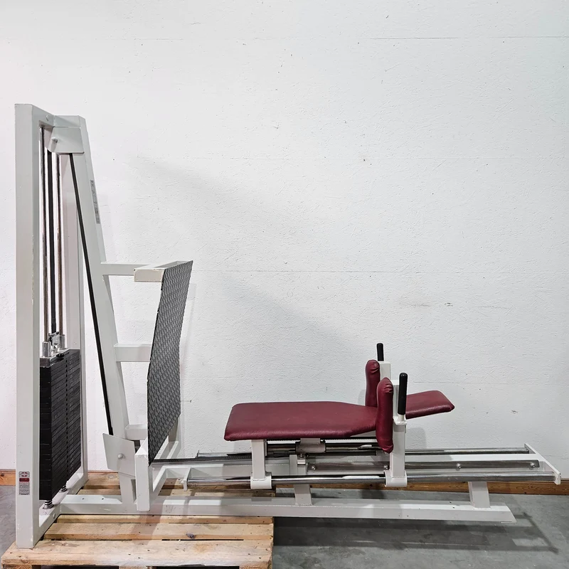 Gym80 Beinpresse liegend, Leg Press lying, 213kg Gewichtsblock, Oldschool Bodybuilding Kraftgerät - Rahmenfarbe Weiß, gebraucht mit Gebrauchsspuren