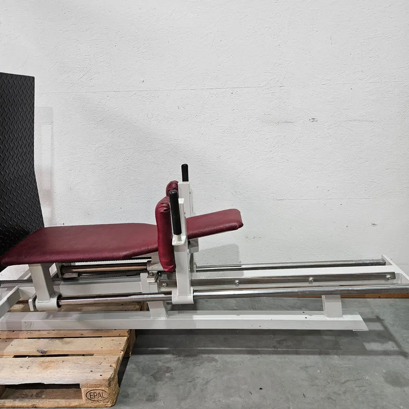 Gym80 Beinpresse liegend, Leg Press lying, 213kg Gewichtsblock, Oldschool Bodybuilding Kraftgerät - Rahmenfarbe Weiß, gebraucht mit Gebrauchsspuren