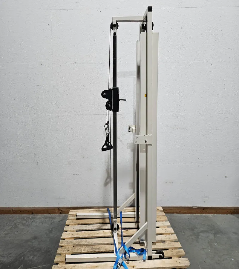 Kabelzug höhenverstellbar, zwei Auszüge, Seilzug, Zugapparat, Hersteller unbekannt, Rahmenfarbe Weiß, Oldschool Bodybuilding, gebraucht - mit Gebrauchsspuren