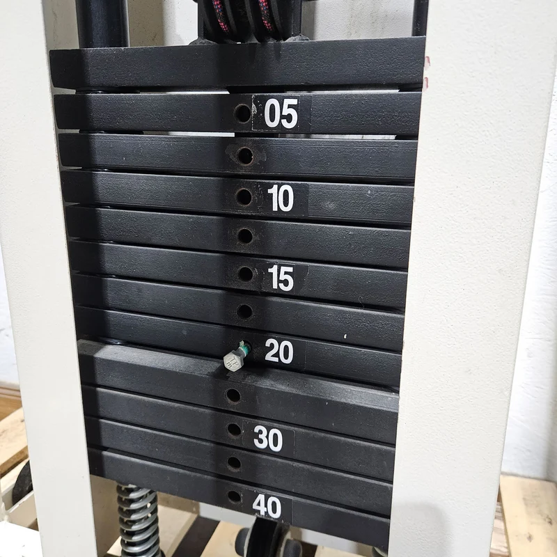 Kabelzug höhenverstellbar, zwei Auszüge, Seilzug, Zugapparat, Hersteller unbekannt, Rahmenfarbe Weiß, Oldschool Bodybuilding, gebraucht - mit Gebrauchsspuren