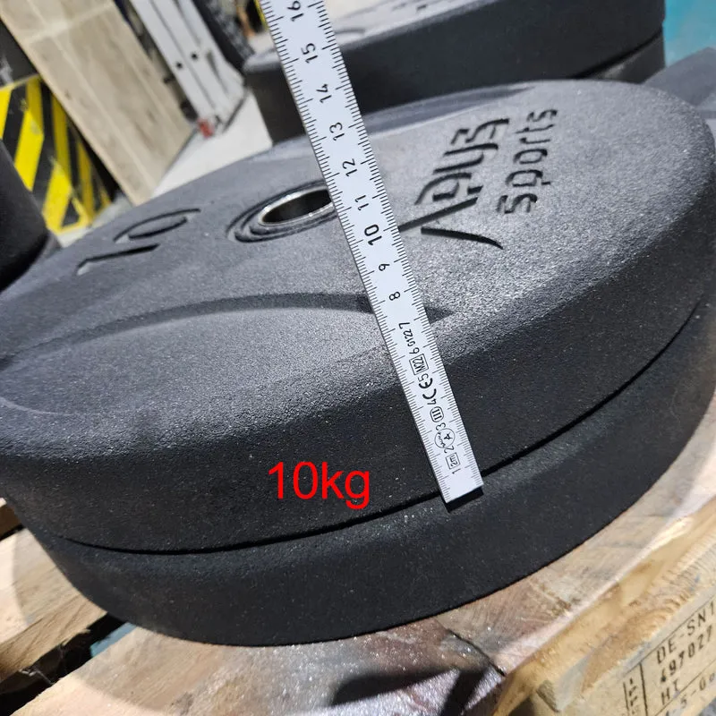 Set 100kg Bumper Plates von Apus Sports - 2x 20kg, 2x 15kg, 2x 10kg und 2x 5kg, Hantelscheiben 50mm Durchmesser aus Granulat gepresst in Schwarz, gebraucht - mit Gebrauchsspuren
