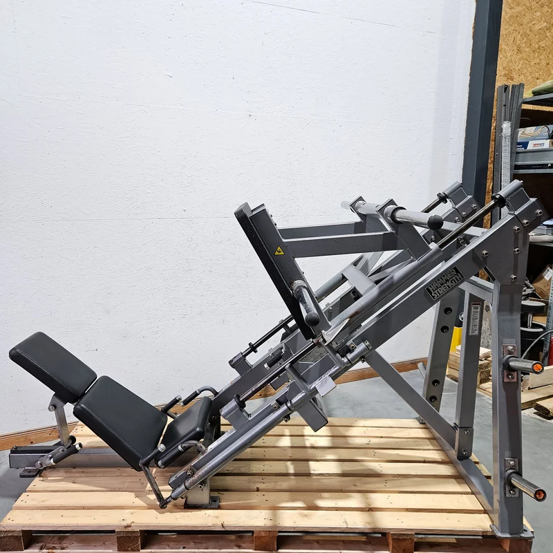 Hammer Strength Plate loaded linear Leg Press, Beinpresse 45° mit Scheibenaufnahme, extrem stabil, Farbe Silber, gebraucht - geprüfter technischer Zustand mit optischen Gebrauchsspuren
