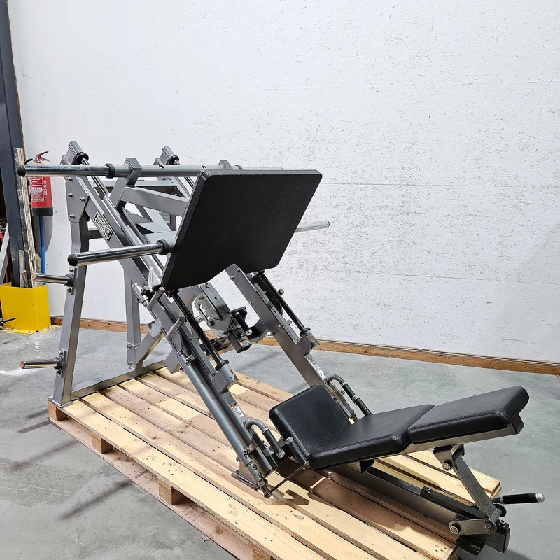 Hammer Strength Plate loaded linear Leg Press, Beinpresse 45° mit Scheibenaufnahme, extrem stabil, Farbe Silber, gebraucht - geprüfter technischer Zustand mit optischen Gebrauchsspuren