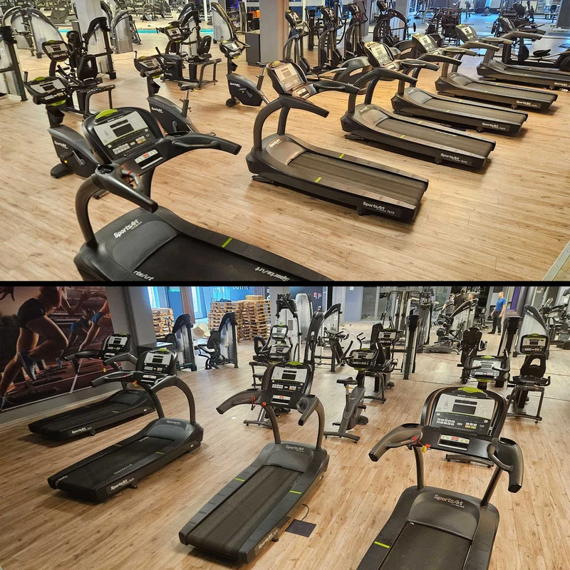 SportsArt komplette Fitnessstudio Ausstattung - 75 Fitnessgeräte im Set - Kraftgeräte, Cardiogeräte, Bänke, Racks etc - Rahmen Anthrazit, gebraucht - überholter Zustand