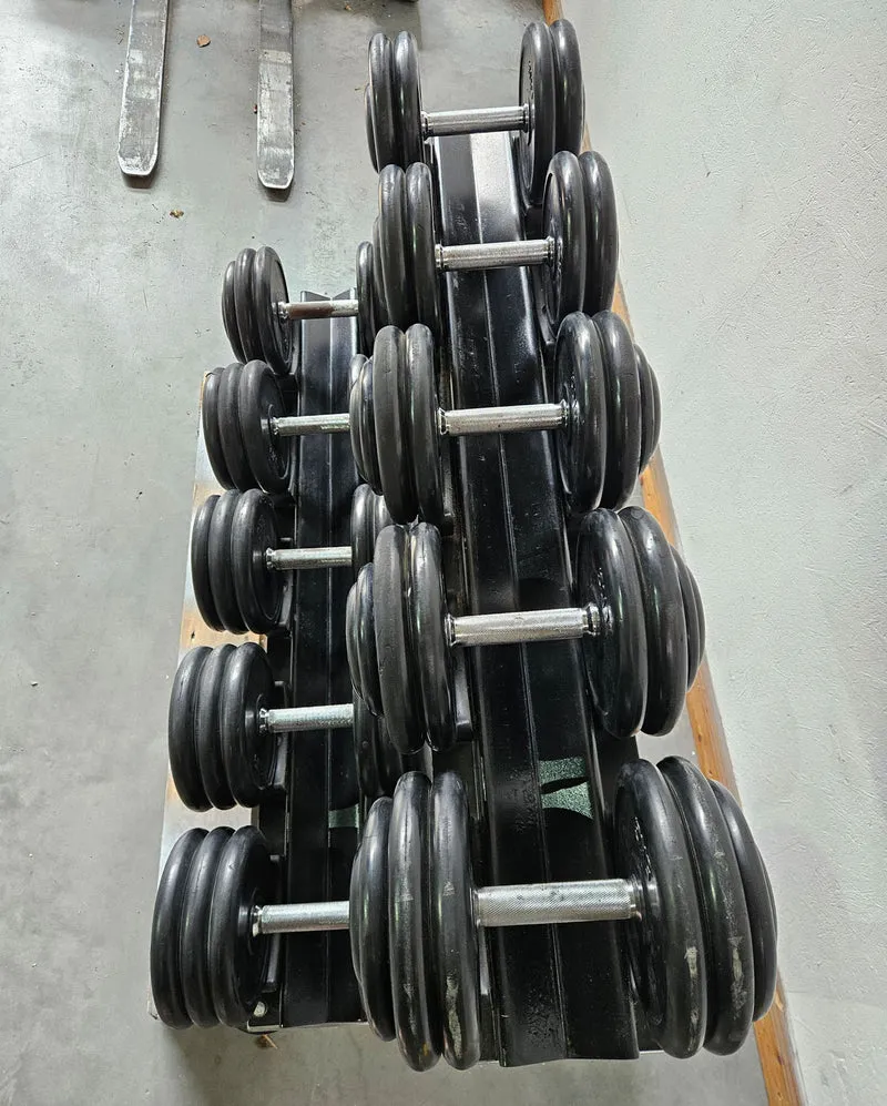 5 Paare Kurzhanteln aus Gummi, 22,5kg, 25kg, 27,5kg, 30kg und 32,5kg - Gummierte Kompakthanteln, inklusive Ständer, gebraucht - mit Gebrauchsspuren