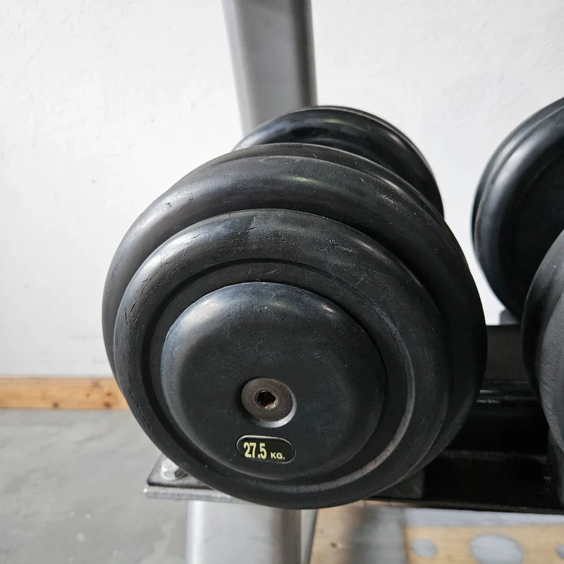 5 Paare Kurzhanteln aus Gummi, 22,5kg, 25kg, 27,5kg, 30kg und 32,5kg - Gummierte Kompakthanteln, inklusive Ständer, gebraucht - mit Gebrauchsspuren