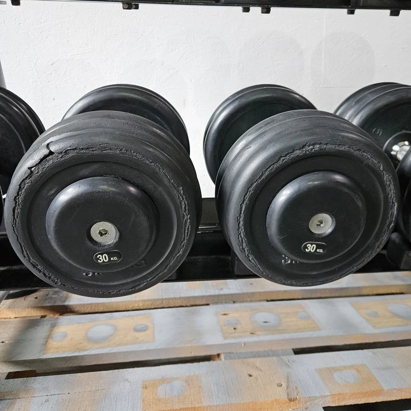 5 Paare Kurzhanteln aus Gummi, 22,5kg, 25kg, 27,5kg, 30kg und 32,5kg - Gummierte Kompakthanteln, inklusive Ständer, gebraucht - mit Gebrauchsspuren