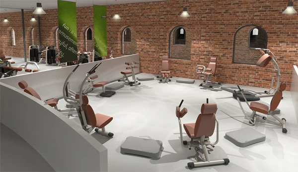 TechnoGym Easy Line Zirkel, 8 Geräte, Gestelle silbergrau, Polster braun, gebraucht