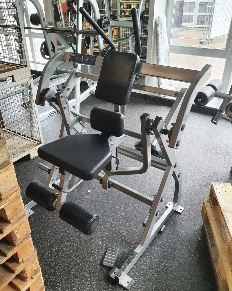 Hammer Strength Bauchmaschine, Klappmesser, Abdominal Oblique Crunch PL-AB, Plate loaded, Rahmenfarbe Silber, Polsterfarbe Schwarz, gebrauchter - überholter Zustand