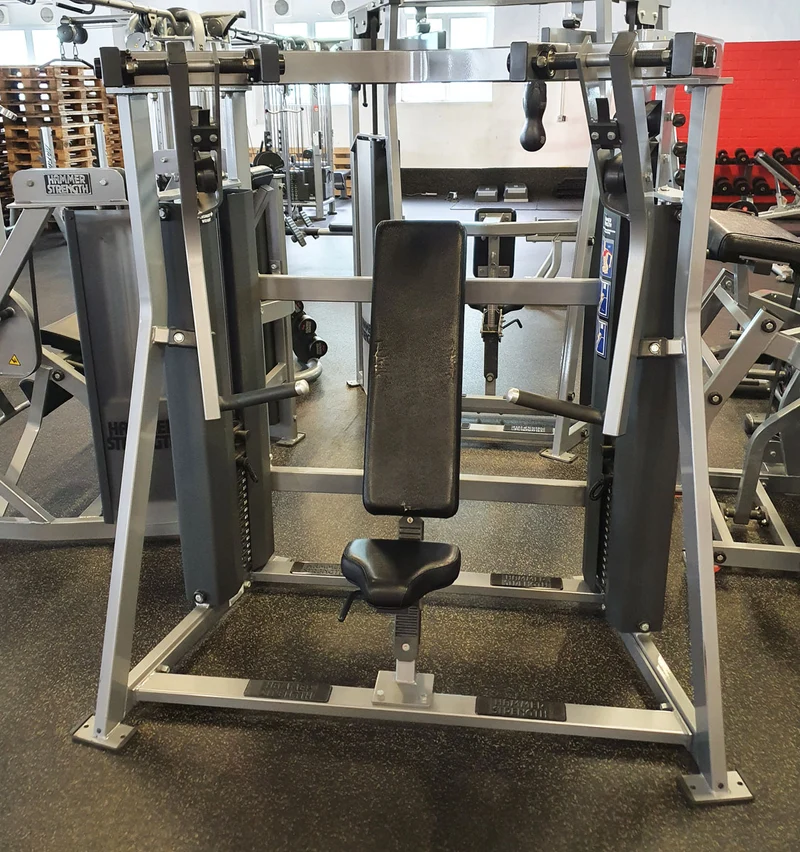 Hammer Strength MTS Schrägbankdrücken Maschine ( nach unten ) - Iso-Lateral Decline Press, Rahmenfarbe Silber, gebraucht - überholter Zustand