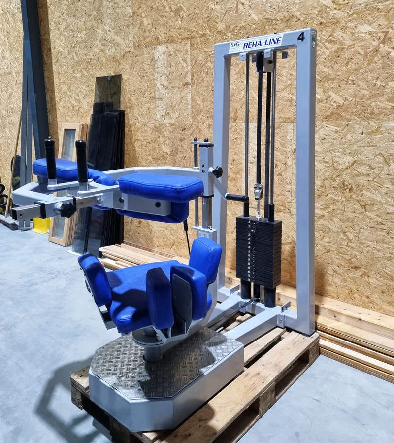 SVG Rumpfrotator - Rotationsmaschine - seitliche Bauchmuskeln, Rahmenfarbe Silber, Polsterfarbe Blau, gebraucht - überholter Zustand